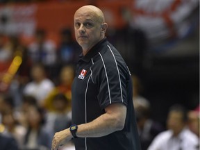 Head coach of Canada Glenn Hoag looks on during the Men's World Olympic Qualification game between Japan and Canada at Tokyo Metropolitan Gymnasium on June 4, 2016 in Tokyo, Japan.