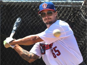 Ottawa Senator's captain Erik Karlsson attended batting practice with the Ottawa Champions at RCGT Park in Ottawa Thursday June 16, 2016. Karlsson had a bet with a friend that he could hit a homerun, he lost the bet.