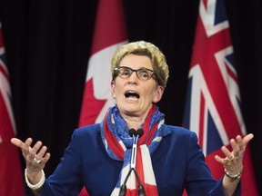Ontario Premier Kathleen Wynne's speaks during a press conference regarding the political fundraising question at Queen's Park in Toronto on Monday, April 11, 2016. Wynne is pressing the need for immediate reforms to the Canada Pension Plan to deal with a looming national crisis on retirement security.
