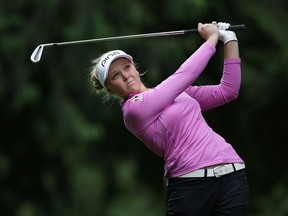 Brooke Henderson hits her tee shot on the ninth hole during the second round of the KPMG Women's PGA Championship at the Sahalee Country Club on June 10, 2016 in Sammamish, Wash.