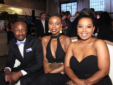 Krowd publisher George Promise with the magazine's fashion editor, Ornella Kondo, and Symone Evans at Bash 2016: London Calls, a fundraiser for the Snowsuit Fund and held at the Horticulture Building at Lansdowne on Friday, June 10, 2016.