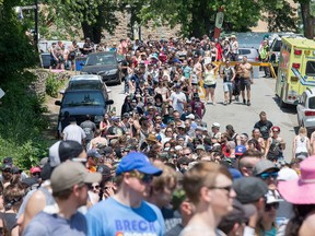 Long lines to get through security as the annual Amnesia Rockfest invades the village of Montebello in Quebec, about an hour away from Ottawa and Montreal.