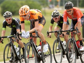 Matteo Dal-Cin (centre) leads an early lead group, joined by Danick Vandale (left) and Robert Britton (right)  In blistering heat, the U23 Elite Men's 180 -kilometre road race took place in the capital Sunday (June 26, 2016) as part of the Global Relay Canadian Road Championships. JULIE OLIVER/POSTMEDIA