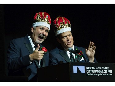 Mauler (L) and Rush (M), hosts, HOT 89.9,ham it up as they host the 11th annual Cappies Gala awards, held at the National Arts Centre, on June 5, 2016.