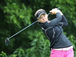 Brooke Henderson hits her tee shot on the 9th hole during the first round of the Meijer LPGA Classic on June 16, 2016 at the Blythefield Country Club in Belmont, Michigan.