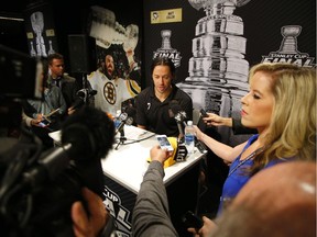 Matt Cullen #7 of the Pittsburgh Penguins addresses the media during the NHL Stanley Cup Final Media Day at Consol Energy Center on May 29, 2016 in Pittsburgh, Pennsylvania.