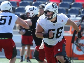 Offensive linebacker Alex Mateas (right). Ottawa Redblacks practice at TD Place Wednesday (June 15, 2016).