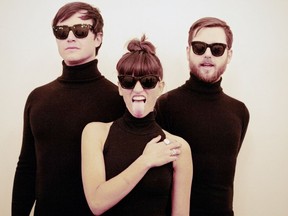 Daniel Kurtz, left, Martina Sorbara, centre, and Joel Stouffer, right, of the electronic band Dragonette, who headline GlowFair Saturday night.