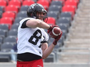 Patrick Lavoie of the Ottawa Redblacks makes a catch during a mini camp at TD Place in Ottawa, April 25, 2016.