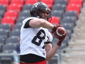 Patrick Lavoie of the Ottawa Redblacks makes a catch during a mini camp at TD Place in Ottawa, April 25, 2016.