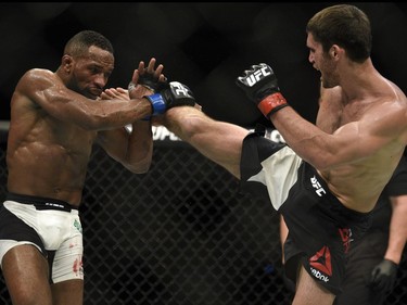 PEI's Jason Saggo, right,  fights Brazil's Leandro Silva during a lightweight prelim contest during UFC Fight Night: MacDonald vs. Thompson at TD Place Arena Saturday June 18, 2016.