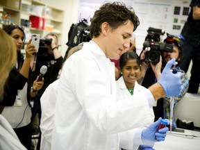 Prime Minister Justin Trudeau visit CHEO's Research Institute laboratories and made an announcement on the Canada Summer Jobs program Thursday June 2, 2016. With the guidance of Nafisa Tasnim a doctoral candidate Trudeau was walked through a series of experiments.