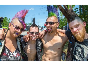 Rachelle Guignard, (from left) Bryan Lensch, Denis Pinecone, and Johnny have their hair all spiked up as the annual Amnesia Rockfest invades the village of Montebello in Quebec, about an hour away from Ottawa and Montreal.