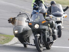 Fido rides shotgun as participants set off on Saturday's Ride for Dad event to raise fund for prostate cancer research.