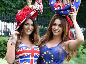 ASCOT, ENGLAND - JUNE 14:  A woman in a 'Brexit vote' themed hat arrives at Royal Ascot 2016 at Ascot Racecourse on June 14, 2016 in Ascot, England.