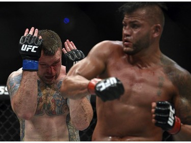 Sean O'Connell, left, battles Steve Bosse in a light heavyweight bout during UFC Fight Night: MacDonald vs. Thompson at TD Place Arena Sunday June 19, 2016..