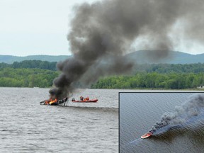 MAIN PHOTO: Firefighters aboard the Pembroke Fire Department's water rescue boat keep a careful eye on a blazing boat off shore from the Pembroke marina Friday afternoon. INSET: An aerial view of the fire, captured via drone by Jim Childerhose.