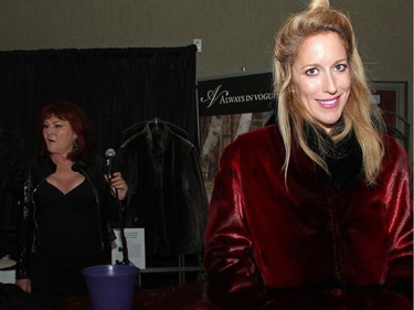 Susan Kent, co-host of This Hour has 22 Minutes, models one of the prizes from Always in Vogue, a luxury sealskin and fur store based in Newfoundland, at the Igniting the Spirit Gala for the Wabano Centre for Aboriginal Health, held Tuesday, June 21, 2016, at the Ottawa Conference and Event Centre.