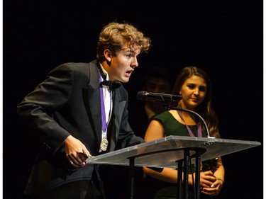 The winner(s) for Comic Actor in a Musical: Ryan Pedersen, Merivale High School for Spamalot, accept(s) their award, during the 11th annual Cappies Gala awards, held at the National Arts Centre, on June 5, 2016.