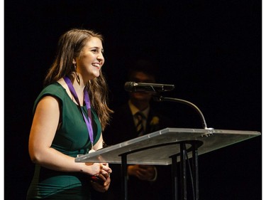 The winner(s) for Comic Actress in a Musical: Julia Millan, Lester B. Pearson Catholic High School for Nunsense: The Mega Musical, accept(s) their award, during the 11th annual Cappies Gala awards, held at the National Arts Centre, on June 05, 2016.