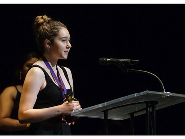 The winner(s) for Comic Actress in a Play: Hannah Dolhai, Elmwood School for Les Belles Soeurs, accept(s) their award, during the 11th annual Cappies Gala awards, held at the National Arts Centre, on June 05, 2016.