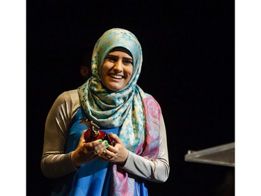 The winner(s) for Creativity: Zahraa Chahrour, Directing, Brookfield High School for Let's Murder Marsha, accept(s) their award, during the 11th annual Cappies Gala awards, held at the National Arts Centre, on June 5, 2016.