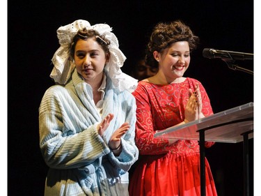 The winner(s) for Critics' Favorite Play: Les Belles Soeurs, Elmwood School, Emily Wright (R) accept(s) their award, during the 11th annual Cappies Gala awards, held at the National Arts Centre, on June 5, 2016.