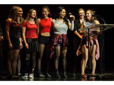 The winner(s) for Ensemble in a Musical: Letter Bomb Girls, Philemon Wright High School for American Idiot, accept(s) their award, during the 11th annual Cappies Gala awards, held at the National Arts Centre, on June 05, 2016.