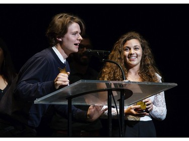 The winner(s) for Featured Actor In a Play: Alexander Proulx, Brookfield High School for Let's Murder Marsha, accept(s) their award, during the 11th annual Cappies Gala awards, held at the National Arts Centre, on June 5, 2016.