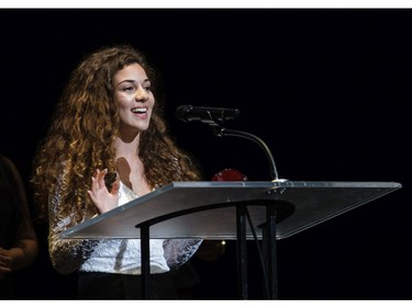 The winner(s) for Featured Actress In a Play: Oceanna Fata, St. Mark High School for The Dining Room, accept(s) their award, during the 11th annual Cappies Gala awards, held at the National Arts Centre, on June 5, 2016.