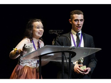 The winner(s) for Female Critic: Sarah Priscus (L), Mother Teresa High School and Male Critic: Jeff Pelletier (R), Ashbury College, accept(s) their award, during the 11th annual Cappies Gala awards, held at the National Arts Centre, on June 05, 2016, in Ottawa, June 5, 2016.