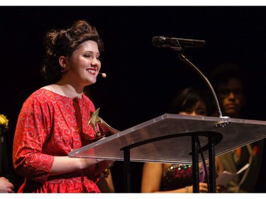 The winner(s) for Lead Actress in a Play: Emily Wright, Elmwood School for Les Belles Soeurs, accept(s) their award, during the 11th annual Cappies Gala awards, held at the National Arts Centre, on June 5, 2016.