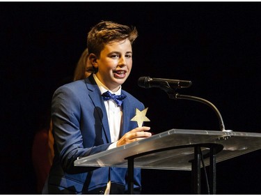 The winner(s) for Lighting: Alex Guimont, Philemon Wright High School for American Idiot, accept(s) their award, during the 11th annual Cappies Gala awards, held at the National Arts Centre, on June 05, 2016.