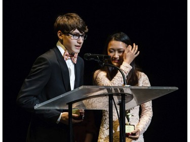 The winner(s) for Male Dancer: Dexter Hunter-Laroche, Merivale High School for Spamalot, accept(s) their award, during the 11th annual Cappies Gala awards, held at the National Arts Centre, on June 5, 2016.