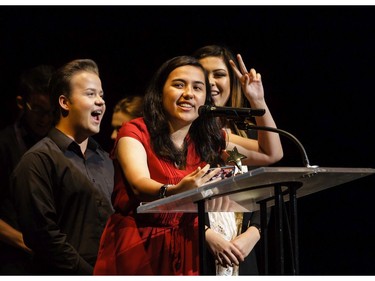 The winner(s) for Marketing and Publicity: Jacob Gaudette (L), Elle Mills (M) and Jada Page (R), St. Joseph High School for The Stage Door, accept(s) their award, during the 11th annual Cappies Gala awards, held at the National Arts Centre, on June 05, 2016.