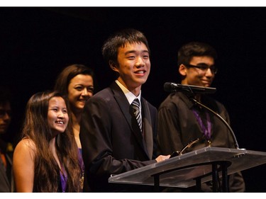 The winner(s) for Orchestra: Repeat Ad-Lib., Ashbury College for Oliver!, accept(s) their award, during the 11th annual Cappies Gala awards, held at the National Arts Centre, on June 5, 2016.