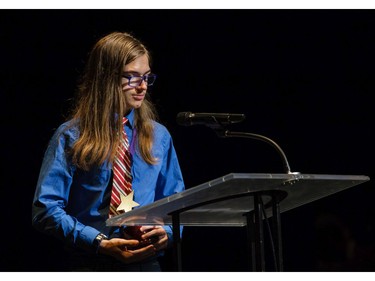 The winner(s) for Props: Ms. F's Senior Art Class -André Dupuis-Critchley accepts the award, Glebe Collegiate Institute for The Arabian Nights, accept(s) their award, during the 11th annual Cappies Gala awards, held at the National Arts Centre, on June 5, 2016.