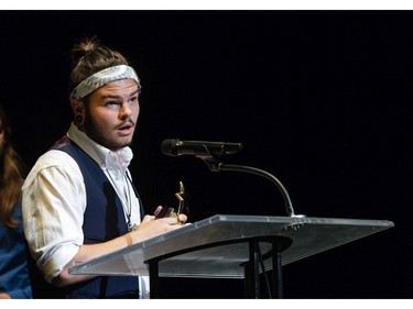 The winner(s) for Sets: Noah Cook accepts the award for the LDH Design Team, Longfields-Davidson Heights Secondary School for In The Heights, during the 11th annual Cappies Gala awards, held at the National Arts Centre, on June 5, 2016.