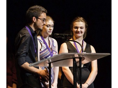 The winner(s) for Special Effects and/or Technology: Anthony DaSilva (L), Kathryn Hawco (R), Jonelle Genge (M), Sir Wilfrid Laurier Secondary School for The End of the World (With Prom to Follow), accept(s) their award, during the 11th annual Cappies Gala awards, held at the National Arts Centre, on June 05, 2016.