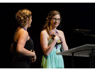 The winner(s) for Stage Crew: Lianne Heath (L) and Julia Keilty (R), A.Y. Jackson Secondary School for The Dining Room, accept(s) their award, during the 11th annual Cappies Gala awards, held at the National Arts Centre, on June 5, 2016.