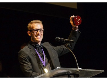 The winner(s) for Supporting Actor in a Musical: Alec Verch, Longfields-Davidson Heights Secondary School for In The Heights, accept(s) their award, during the 11th annual Cappies Gala awards, held at the National Arts Centre, on June 5, 2016.