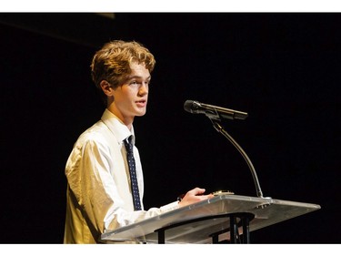 The winner(s) for Supporting Actor in a Play: Callum LeRoy, Almonte and District High School for Lend Me a Tenor, accept(s) their award, during the 11th annual Cappies Gala awards, held at the National Arts Centre, on June 5, 2016.