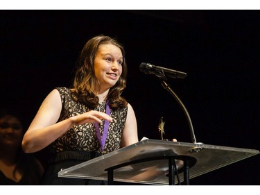 The winner(s) for Supporting Actress in a Musical: Valie Madejska, Ashbury College for Oliver!, accept(s) their award, during the 11th annual Cappies Gala awards, held at the National Arts Centre, on June 5, 2016.
