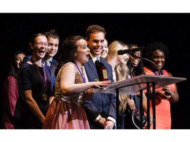 The winner(s) for Top Critic Team: Mother Teresa High School, Sarah Priscus accepts the award on behalf of the team during the 11th annual Cappies Gala awards, held at the National Arts Centre, on June 5, 2016.