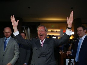Nigel Farage, the leader of the U.K. Independence Party, celebrates the success of the "Leave" side in the Brexit referendum.