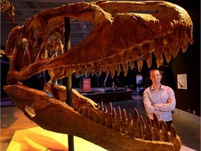 Jordan Mallon, palaeontologist at the Canadian Museum of Nature, poses for a photo with a Carcharodontosaurus at the Canadian Museum of Nature in Ottawa. (Tony Caldwell/Postmedia)