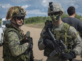 U.S. and Canadian soldiers are shown in this photo taking part in the Maple Resolve exercise in 2016. Canadian Forces photo.