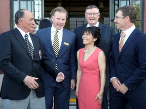 Former Ottawa Senator Daniel Alfredsson, second from the left, was among the five athletes who were inducted into the Ottawa Sport Hall of Fame on Friday, June 3, 2016. Other inductees included, from left: former Ottawa Rough Rider and CFL football and basketball coach Bob O'Billovich; Tina Takahashi, an eight-time Canadian judo champion, national-team athlete and Olympic coach; Barclay Frost, a multi-sport athlete who later became a coach, convenor and renowned track and field referee; and one of the world's top freestyle skiers and multiple Olympic medallist Jeff Bean.