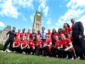 Canada's Women's Soccer National team took some time to relax and enjoy the afternoon on Parliament Hill in Ottawa Monday June 6, 2016. Team Canada plays Brazil Tuesday night in Ottawa. The Canadian women's soccer team got a big surprise from Prime Minister Justin Trudeau Monday.