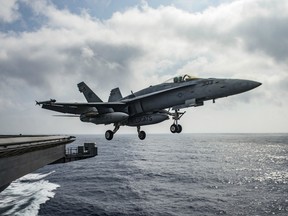 In this handout provided by the U.S. Navy, an F/A-18E Super Hornet assigned to the Wildcats of Strike Fighter Squadron (VFA) 131 launches from the flight deck of the aircraft carrier USS Dwight D. Eisenhower (CVN 69 )on June 28, 2016 in the Mediterranean Sea. Dwight D. Eisenhower is deployed in support of Operation Inherent Resolve, maritime security operations and theater security operation efforts in the U.S. 6th Fleet area of operations.